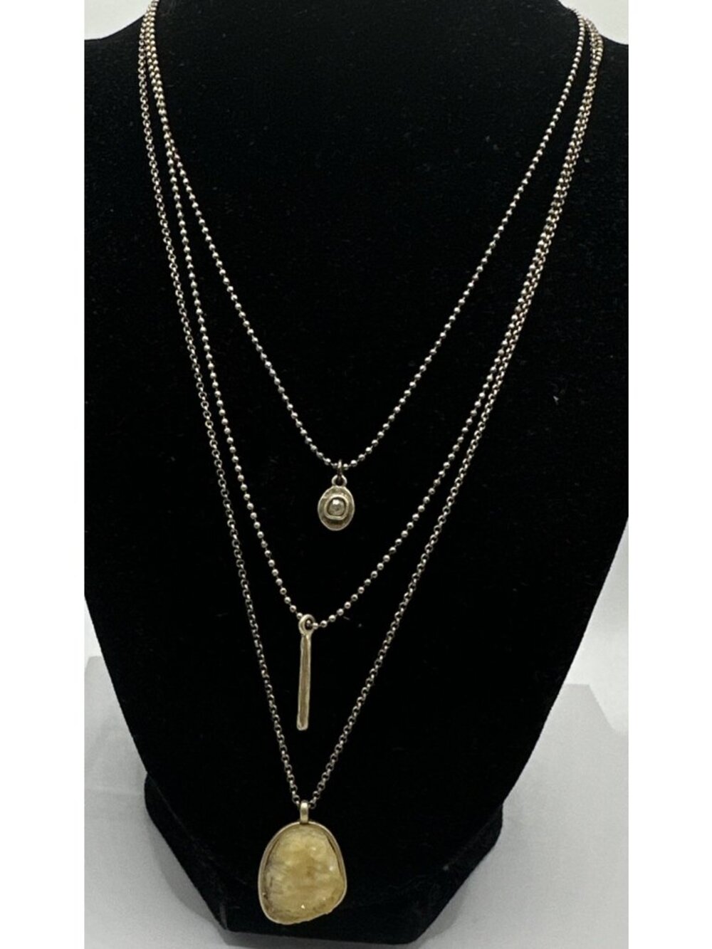 Vintage Lucky Brand Antique gold Tone Layered Necklace 3 Strand Yellow Druzy
